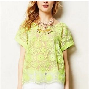 ANTHROPOLOGIE MEADOW RUE mesh embroidered pullover blouse top neon yellow sz XS